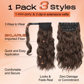 SEIKEA Half Up Half Down Ponytail Extension Set, 4PCS 16" Long Wavy Clip in Hair Extensions 3 Style in 1 Tangle-Resistant Natural Soft Thick Fake Wrap Around Ponytail Synthetic Hairpiece Mixed Brown