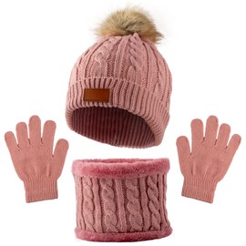 MUNSKT 3Pcs Kids Winter Warm Beanie Hat Scarf Gloves Set for 1-5 Years Old Boys Girls. Winter Accessories Sets for Children Outdoor Sports, Knit Thick Warm Fleece Lined Thermal Sets (Pink 1)
