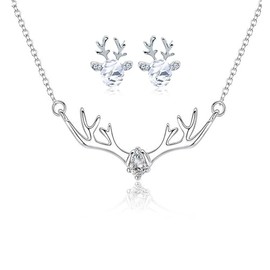 coadipress Christmas Reindeer Necklace Earrings Set for Women Dainty Crystal Reindeer Stud Earings Fashion Cute Antler Deer Pendant Necklace Xmas Holiday Party Costume Jewelry (White Crystal)