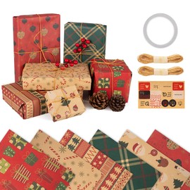 6 Sheets Christmas Wrapping Paper Set Large 70x50cm Recycled Kraft Xmas Wrapping Paper Sheets, Brown Gift Wrapping Paper for Christmas Kids Adult Presents Gifts Crafts Wrapping Paper with Rope Tags