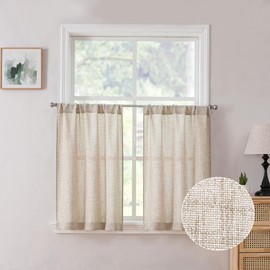 Tollpiz Linen Tier Curtains Rod Pocket Semi Sheer Short Kitchen Curtain Half Burlap Light Filtering Thick Linen Drape for Bathroom, 30 x 30 inches Long, Natural, Set of 2 Panels