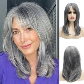 Dsimeig Long Grey Wigs for Women, Natural Layered Grey Wig with Fringe, Synthetic Hair Wig for Daily Party Use
