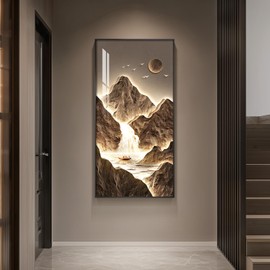 Framed Large Modern Mountain Wall Art for Living Room, Vertical Gold Bright Style Artwork for Walls, Luxury Landscape Scenery Painting Print for Entryway Hallway Stair Home Office Wall Decor, 30x60 In