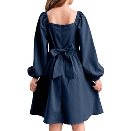 blibean Girls Dresses Solid Puff Long Sleeve Tween Kid Girl Flare Ruffle Wedding Outfits Elegant Semi Formal Party Modest Dress Tie Belted Dressy Zipper Clothes Size 6-7 Years Old Navy Blue