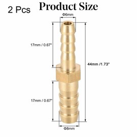 2 Pcs Straight Brass Barb Fitting Reducer, Fit Hose ID 8mm to 6mm, Brass Reducer Fittings Straight Connector