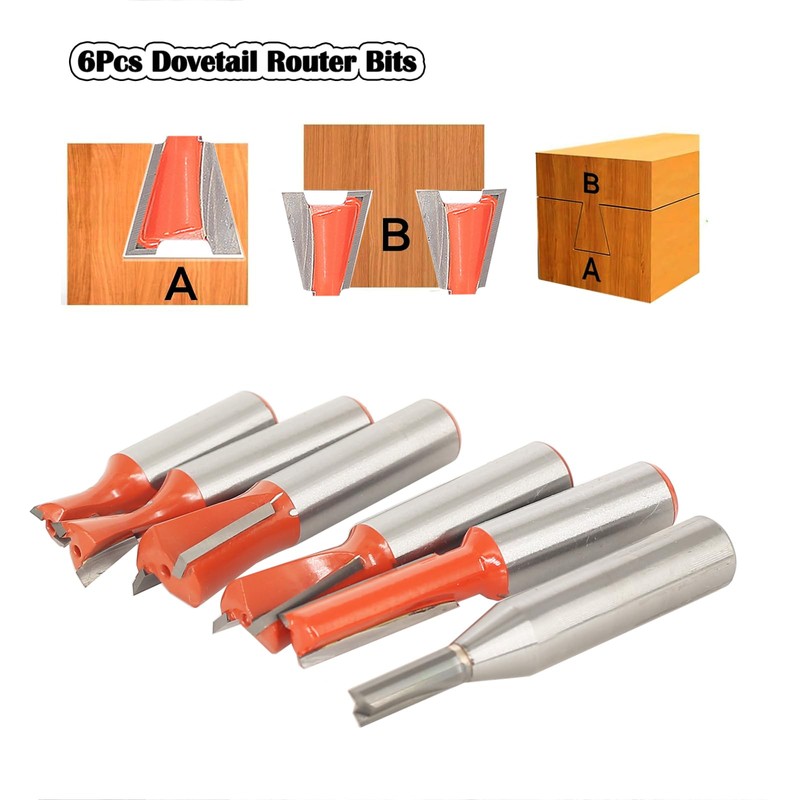 Sinoprotools 6Pcs Dovetail Router Bit Set 1/2 Inch Shank, Dovetail