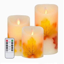 AVEKI LED Candle Lights, 3 PCS Flameless Candles Light Warm White Battery Operated Electric LED Moving Wick Flickering Maple Leaf Candle Lights with Remote Timer for Decoration Wedding