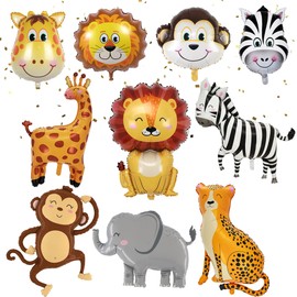 Jungle Safari Animal Balloons Set - 10 Pieces Animal Elephant Leopard Giraffe Lion Monkey Zebra Foil Balloons for Kids Birthday Baby Shower Theme Party Decorations