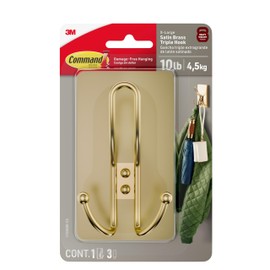 Command X-Large Satin Brass Triple Hook, 1 Hook, 3 Strips, Damage-Free Hanging with Adhesive Strips, No Tools Wall Hook for Hanging Decorations in Living Spaces