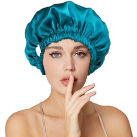 Necole 22 Momme 100% Mulberry Double Silk Bonnet for Sleeping Women Double Layer Lined Stay On Head for Hair Care with Adjustable Elastic Band Non-Slip Silk Turban Curly Hair Silk Hair Cap Blue