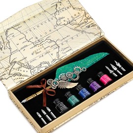 NC Quill Pen Ink Set,Feather Pen Ink Set Includes 5 Bottles of Ink and 6 Replaceable Stainless Steel Nibs,1 Mechanical Quill,Calligraphy Pen for Writing,Writing Letters,Signing Invitations Etc (Green)
