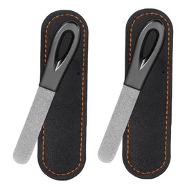 Metal Nail File, Stainless Steel Fingernail Files Double Sided Grit Nail Filer with Leather Cases and Non Slip Handle (2 Pack 3.6IN Gunmetal Files with PU Cases)