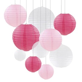 ZYOOO Pack of 10 Pink White Paper Lanterns Round Lampshade (Set of 3 Colours of 25 cm, 20 cm, 15 cm, 10 cm) Lanterns, Wedding, Decoration, Garden Party, Bride to Be Decoration