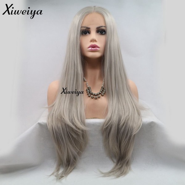 Xiweiya Silver Grey Natural Straight Hair Lace Front Wig Platinum Blonde Synthetic Wig Heat Resistant Klebefreien Wig Cosplay Hand on 24 UK CHEAPEST Wigs