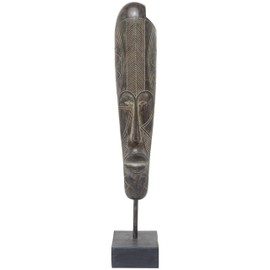 Deco 79 Polystone Mask Decorative Sculpture Slim Carved African Tribal Home Decor Statue with Block Base, Accent Figurine 5" x 6" x 30", Brown