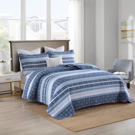 Homzard Quilt King Size,Blue White Snowflake Striped Quilt Bedding Set, Cotton Boho Gemetic Comforter Set, Lightweight Comforter King Size (106 * 98 Inches) with 2 Pillow Shams