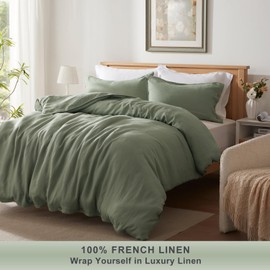 TOSMO 100% Linen Duvet Cover Set with Button Closure, 2 Pieces (1 Duvet Cover with 1 Pillowcase), Soft Breathable Durable Farmhouse Bedding - Twin, Sage Green