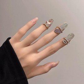 Rumtock Rhinestones Beads Nail Cap Gold Finger Ring Jewelry for Women Girls Evil Eye Pendant Ring