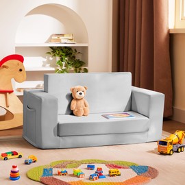 Kids Couch, 2-in-1 Toddler Chair Comfy 1-3 Years, Convertible Kids Chair, Toddler Couch That Fold Out, Kid Lounge Chairs for Boys and Girls, Soft Coral Fleece, Double, Grey