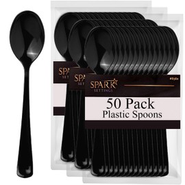 SparkSettings Black Disposable Plastic Spoons - Heavy Duty Silverware, Ideal for Hot & Cold Food, Perfect for Home, Office, School, Parties & Weddings - 50 Pack