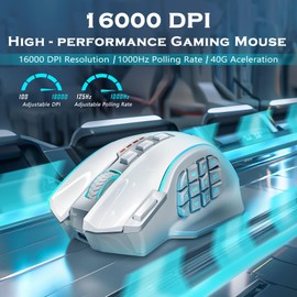 Redragon Wireless Gaming Mouse, MMO Gaming Mouse UP 16,000 DPI, 16 Macro Programmable Buttons, RGB Rechargeable Gaming Mouse with 12 Side Buttons, 70Hrs for PC Laptop MOBA FPS, White,M901P-WS