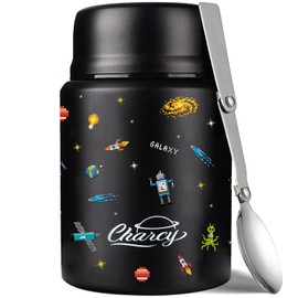 Charcy 17oz Kids Thermo for Hot Food - Soup Thermo with Folding Spoon - Insulated Food Jar for Hot & Cold Food - Black Pixel Space