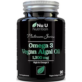 Vegan Omega 3 Algae Oil 1300mg - 520mg DHA per Serving - 90 Vegan Softgel Capsules - with Added Vitamin E - High Strength DHA from Marine Algae Oil - Plant Based Omega 3