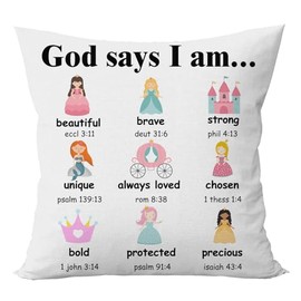 RNYJJ Princess Pillow Covers, Christian Inspirational Gifts for Girl Pillows Cover 18 X 18 Inch, God Says I Am Princess Decorative Pillows Case for Girls Room Playroom Sofa Couch Bed Home Decor