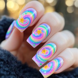 NGMATY Colorful Swirls Medium Square Press On Nails Gorgeous Star Embossed Design Gold Stars Rainbow Galaxy Gradient Color Wear Nails Starry Sky Gel Nails (Brilliant Stars)