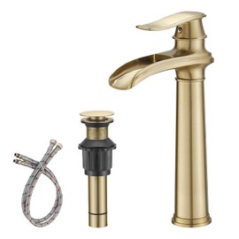 BWE Bathroom Vessel Sink Faucet Waterfall Spout Single Handle One Hole Solid Brass Deck Mount Brushed Gold Lavatory Mixer Tap Lavatory Vanity Sink Faucet with Pop Up Drain
