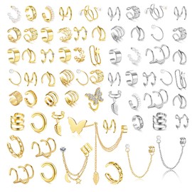 Kakonia 66 Pcs Ear Cuff Earrings for Women Non Piercing, Hypoallergenic Fake Earrings, Silver Clip on Cartilage Earrings for Sensitive Ears, Gold Ear Wrap Earrings for Helix Cartilage, Cross X Double Line Cat Claw Cz Pearl Star Butterfly Ear Cuffs Non Pi