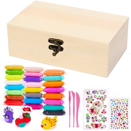 Wooden Treasure Chest Craft Set with 24 Colours, Air-Dry Clay Gemstone Sticker, Pirate Treasure Chest for Painting, Wooden Box, Jewellery Box, Gift for Boys, Girls, Party, Birthday