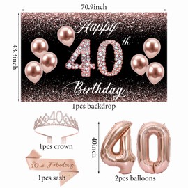 40th Birthday Decorations for Women, Happy Birthday Banner, Backdrop, Crown, Sash, Tablecloth, Balloons and Fringe Curtain, Black Rose Gold Birthday Party Decorations for Women Girls