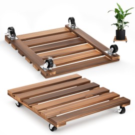 Xelsluthe 2 Pack 16 Inch Wooden Rolling Plant Stand with Lockable Wheels Heavy Duty Square Plant Dolly Pot Risers Roller Base for Indoor Outdoor Planters