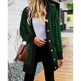 2024 Fall Casual Long Cardigan for Women Houndstooth Long Sleeve Open Front Button Down V Neck Cardigans Sweater Dress Green S