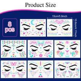 8 Hojas Brillan en la Oscuridad Tatuajes Temporales Pegatinas, Neón Tatuajes Falsos Flores Ultravioleta Mariposa Cuerpo Pintura de la Cara Tatuaje Pegatinas Decoraciones para Adultos Mujeres Festival Bar Fiesta Suministros (Estilo A)