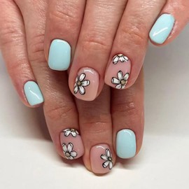 Light Blue Press on Nails Short Square Fake Nails with White Flower Design Floral Glue on Nails Glossy Spring Nails Reusable Summer False Nails for Women Girls Daily Wear Manicure 24pcs