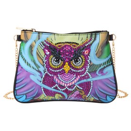 VETPW 5D DIY Owl Diamond Pasted Painting Cross Body Bag, Diamond Painting Leather Coin Purse Zip Handbag, DIY Diamond Painting Clutch Bag, Makeup Shoulder Bag for Party Travel, purple