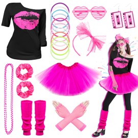 80s Fancy Dress for Women Girls 80s Accessories for Women, 1980s Fancy Dress Women with T-shirt Tutu Leg Warmers Neon Accessories & 80s Earrings, 80s Outfits Neon Clothes for Theme Party Carnival
