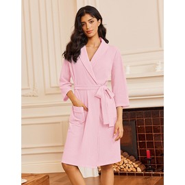Ekouaer Robes for Women Waffle Knit Bathrobe Lightweight Kimono Robe Knee Length Loungewear with Pockets Pink S
