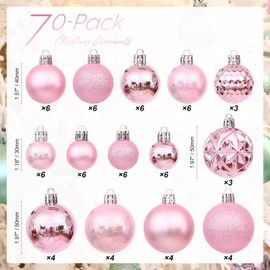 Sea Team 70-Pack Shatterproof Plastic Christmas Ball Ornaments Set, Multi-Size Christmas Baubles, Hanging Decorations for Xmas Tree, Wreath, Garland, (1.18-1.97 Inches, Pink)