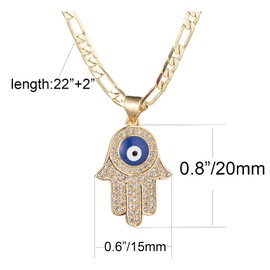 yipima 14K Gold Plated Hamsa Hand Pendant Necklace for Women Men Teens, 3mm Wide Stainless Steel Flat Figaro Chain Necklace (chain length:22", blue eye)