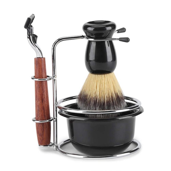 Men's Shaving Set,4Pcs Shaver with Wooden Handle+Skin-Friendly Shaving Brush+Stainess Steel Stand Holder and Bowl Male Beauty Tools Face Grooming Present