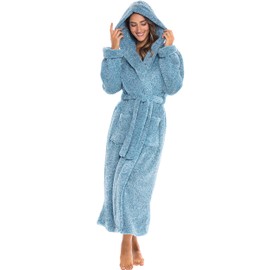 Alexander Del Rossa Womens Fluffy, Fuzzy Robe for Women,Women's Long Hooded Robes, Plus Size, Heathered Turquoise, Small
