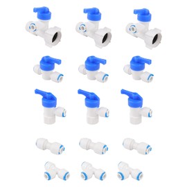 Pxyelec 15pcs 1/4" RO Water Filter Fitting Kit with Tee, Inline Shutoff, T, I Connectors & Ball Valves