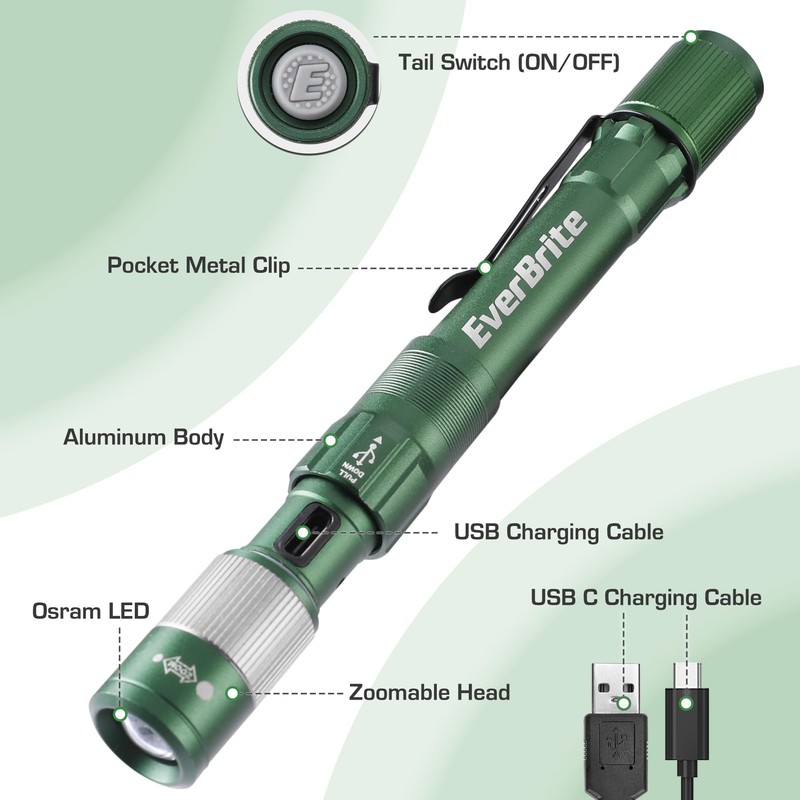 EverBrite Pen Light, Rechargeable Pen Flashlights, 300 Lumens Zoomable LED