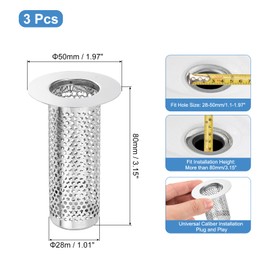 sourcing map 2 Pack Shower Drain Strainer, 3.2" x 2" 304 Stainless Steel Floor Drain Strainer Deep Sink Hair Catcher for Kitchen Bathroom Balcony Floor Drain, Fit Hole Size from 1.2" to 2"