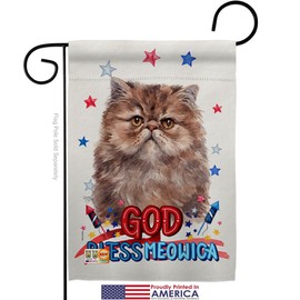 Breeze Decor Patriotic Persian Long Hair Garden Flag Set with Stand Animals Cat Kitten Meow Spoiled Paw Fur Pet Nature Farm Animal Creature Small Gift Yard House Banner Made in USA 13 X 18.5