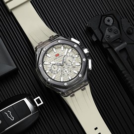 MASTOP Men Watches Multifunction Transparent Analog Display Orange Silicone Strap Calendar Chronograph Luminous Quartz Waterproof Trend Wrist Watches for Men Colorful Cool Dress Watch (Transparent Off white)