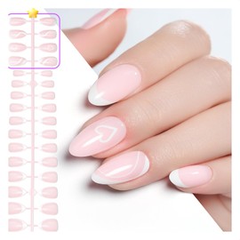 Gelike ec Soft Gel Press On Nails: Short Almond X-French Nails Tips, Short Full Cover Nails for Sticking on for Salon Quality, Comfortable to Wear, 160 Pieces, 12 Sizes (French with Design)-0015